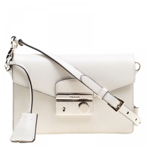 Pre Owned Prada Off White Saffiano Leather Mini Sound Crossbody Bag