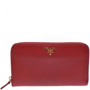 Pre Owned Prada Red Saffiano Leather Zip Around Wallet