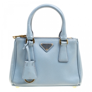Pre Owned Prada Pale Blue Saffiano Lux Leather Mini Double Zip Top Handle Shoulder Bag