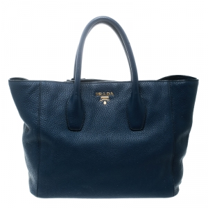 Pre Owned Prada Dark Blue Vitello Daino Leather Shopper Tote