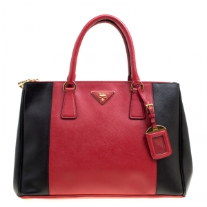 Pre Owned Prada Red/Black Saffiano Lux Leather Medium Double Zip Tote