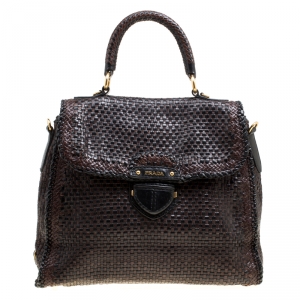 Pre Owned Prada Brown Woven Leather Madras Top Handle Bag