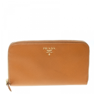 Pre Owned Prada Mustard Saffiano Metal Leather Zip Around Wallet