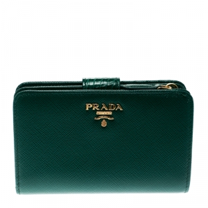 Pre Owned Prada Green Saffiano Leather and Crocodile Detail Wallet