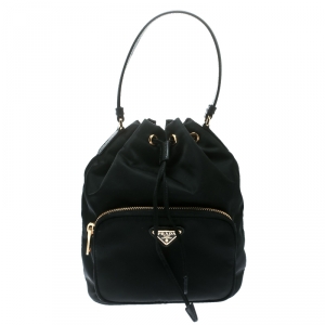 Pre Owned Prada Black Vela Drawstring Shoulder Bag