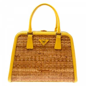 Pre Owned Prada Yellow/Brown Glazed Raffia and Patent Leather Pyramid Frame Bag