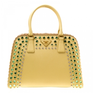 Pre Owned Prada Blush Yellow/Brown Saffiano Lux Leather Pyramid Frame Top Handle Bag