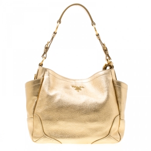 Pre Owned Prada Gold Vitello Daino Leather Side Pocket Hobo