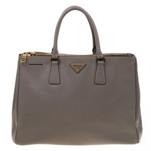 Pre Owned Prada Grey Saffiano Lux Leather Double Zip Tote