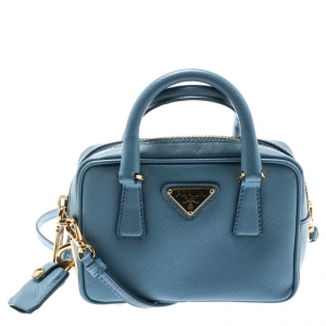 Pre Owned Prada Blue Leather Top Handle Shoulder Bag