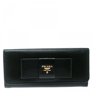 Pre Owned Prada Black Saffiano Leather Bow Continental Wallet