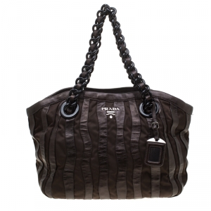 Pre Owned Prada Dark Brown Leather and Nylon Wave Hobo