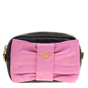 Pre Owned Prada Pink And Black Leather Bow Crossbody Bag