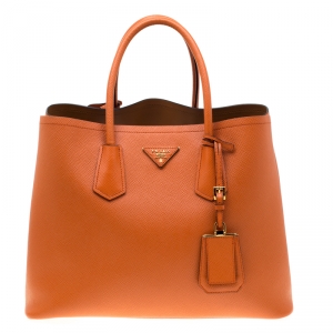 Pre Owned Prada Orange Saffiano Leather Double Handle Tote