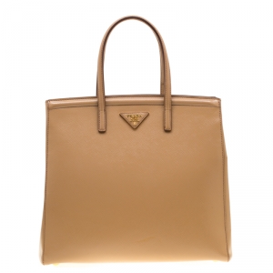 Pre Owned Prada Beige Saffiano Lux Leather Parabole Top Handle Bag
