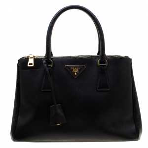 Pre Owned Prada Black Saffiano Lux Leather Small Double Zip Tote