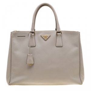Pre Owned Prada Light Grey Saffiano Lux Leather Large Double Zip Tote