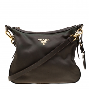 Pre Owned Prada Green/Brown Nylon and Leather Shoulder Bag