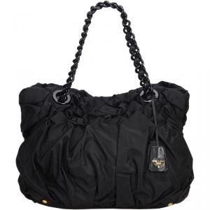 Prada Black Gathered Nylon Chain Tote Bag
