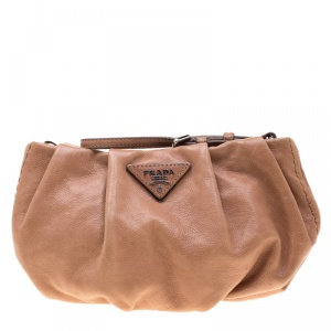 Pre Owned Prada Dark Beige Glazed Leather Ruched Wristlet Clutch