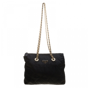 Pre Owned Prada Black Quilted Nylon Chain Tote