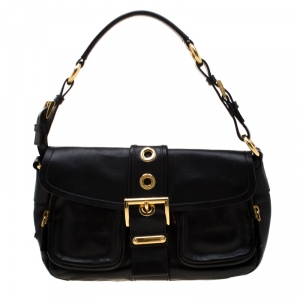Pre Owned Prada Black Leather Buckle Flap Shoulder Bag