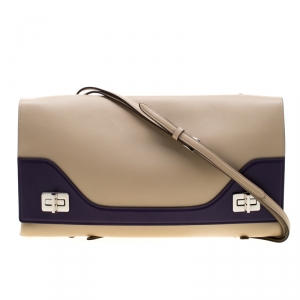 Pre Owned Prada Cream/Purple Leather Vitello Soft Double Bag