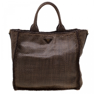 Pre Owned Prada Brown Woven Leather Large Madras Tote