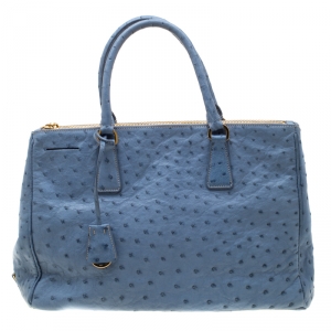 Pre Owned Prada Light Blue Ostrich Medium Double Zip Tote