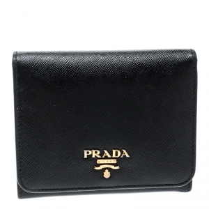 Pre Owned Prada Black Saffiano Leather Tri Fold Wallet 