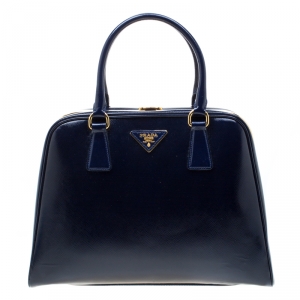 Pre Owned Prada Royal Blue Saffiano Leather Pyramid Frame Top Handle Bag