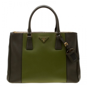 Pre Owned Prada Green 2 Tone Saffiano Lux Leather Medium Double Zip Tote