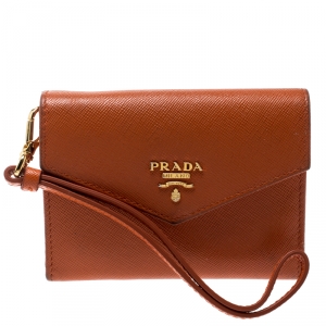 Pre Owned Prada Orange Saffiano Leather Card Case