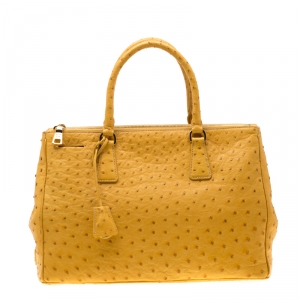 Pre Owned Prada Mustard Ostrich Medium Double Zip Tote