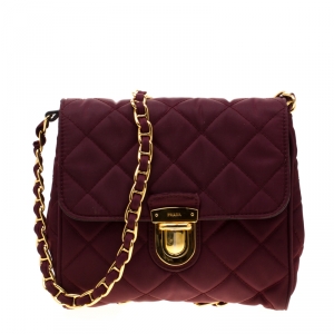 Pre Owned Prada Burgundy Quilted Nylon Pushlock Crossbody Bag