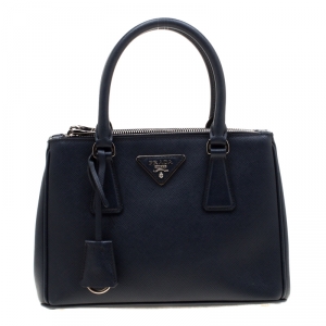 Pre Owned Prada Navy Blue Saffiano Lux Leather Mini Double Zip Tote