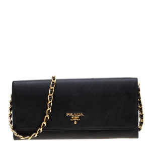 Pre Owned Prada Black Saffiano Lux Leather Metal Oro Chain Wallet