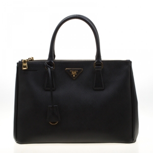 Pre Owned Prada Black Saffiano Lux Leather Medium Double Zip Tote