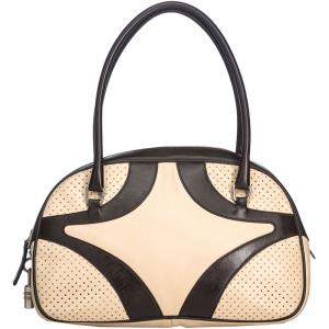 Pre Owned Prada White/Brown Perforated Leather Shoulder Bag