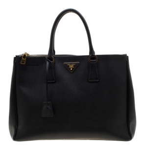 Pre Owned Prada Black Saffiano Lux Leather Large Double Zip Tote