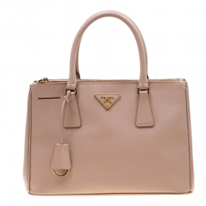 Pre Owned Prada Beige Saffiano Lux Leather Small Double Zip Tote