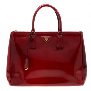 Pre Owned Prada Red Patent Spazzolato Leather Large Double Zip Tote