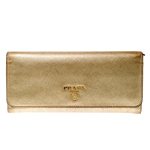 Prada Gold Saffiano Lux Leather Long Flap Wallet