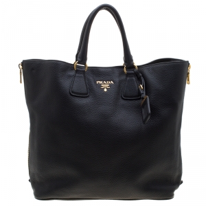Pre Owned Prada Black Vitello Daino Leather Side Zip Shopping Tote