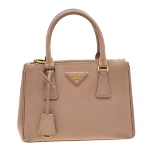 Pre Owned Prada Beige Saffiano Lux Leather Mini Double Zip Tote