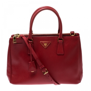 Pre Owned Prada Red Saffiano Lux Leather Medium Double Zip Tote