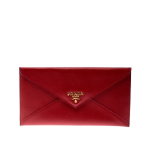 Pre Owned Prada Red Saffiano Leather Envelope Wallet