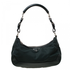 Pre Owned Prada Dark Green Nylon and Leather Shoulder Bag