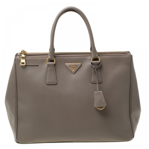 Pre Owned Prada Taupe Saffiano Lux Leather Large Double Zip Tote