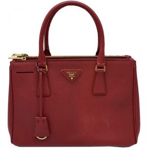 Pre Owned Prada Red Saffiano Lux Leather Small Double Zip Tote